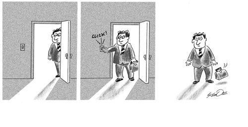 Business man enters office, clicks light and then the room disappears. 