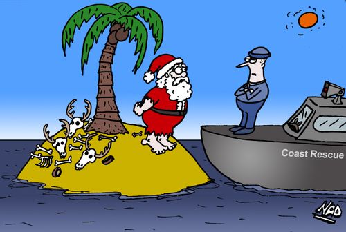 Santa is rescued from a desert island that is scattered with bones and reindeer skulls.