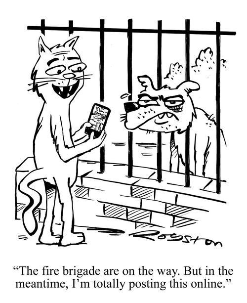'The fire brigade are on the way. But in the meantime, I'm totally posting this online.'