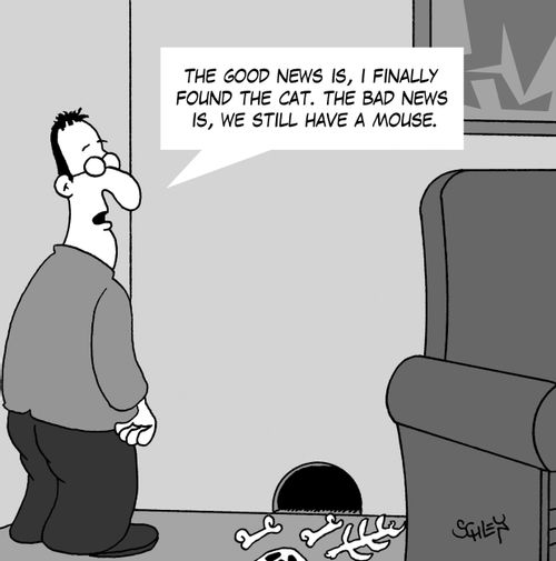 'The good news is, I finally found the cat. The bad news is, we still have a mouse.'