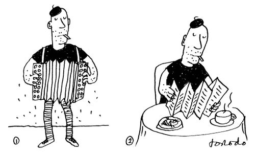Accordionist at work and in cafe.