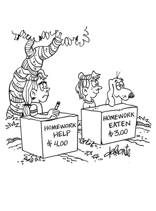 Girl at booth sell Homework Help and a boy sell Homework Eaten with a dog.