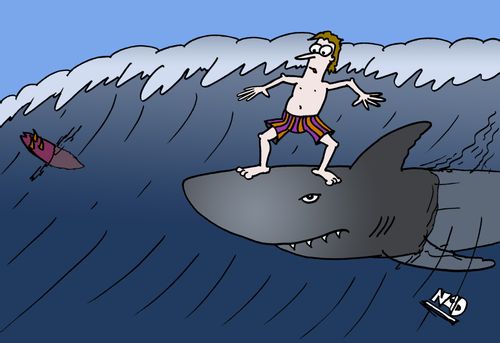 A surfer has lost his surfboard and ended up riding a large shark.