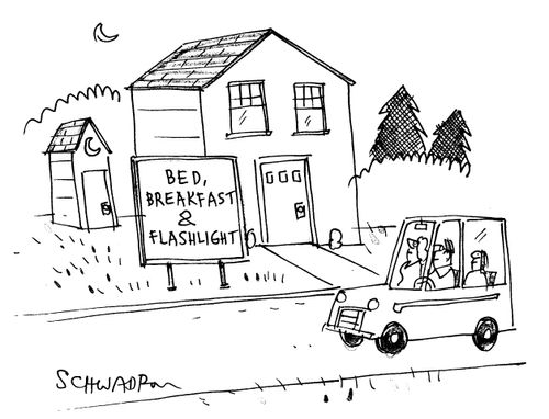 Sign by house with outside toilet reads: 'Brd, breakfast and flashlight.'