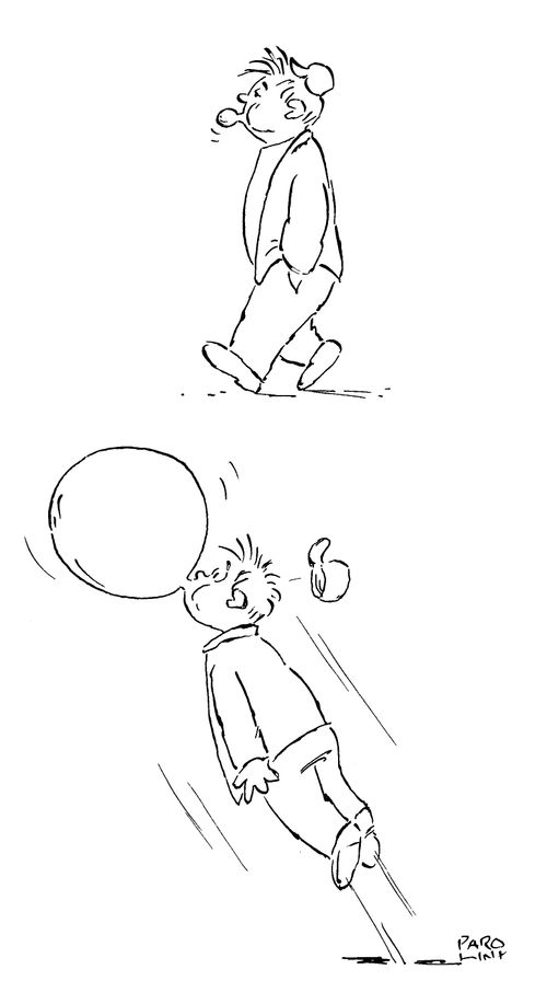 Kid blowing bubble takes off.