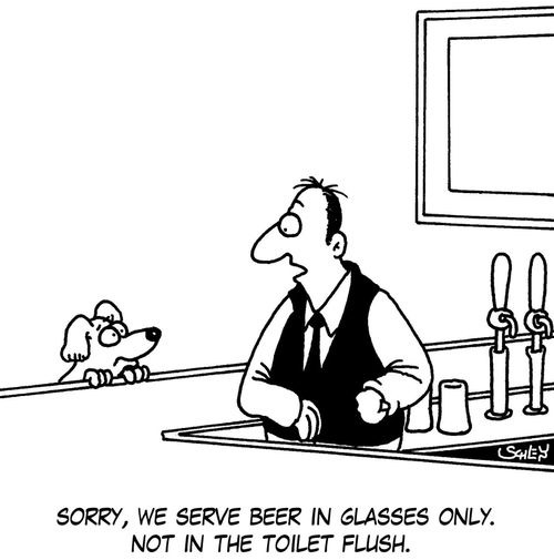 'Sorry, we serve beer in glasses only. Not in the toilet flush.'