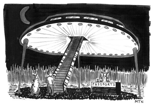 Man entering spaceship is asked for his passport
