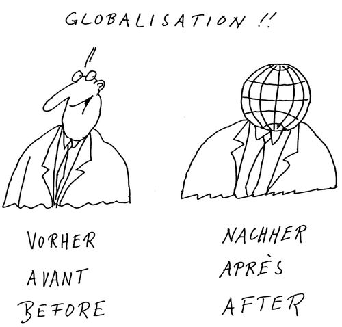 Globalisation, man with a head is 'Before man with a globe for a head is 'After'
