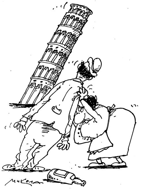 Leaning Tower  -After a bottle, Jean noticed the tower stopped leaning.