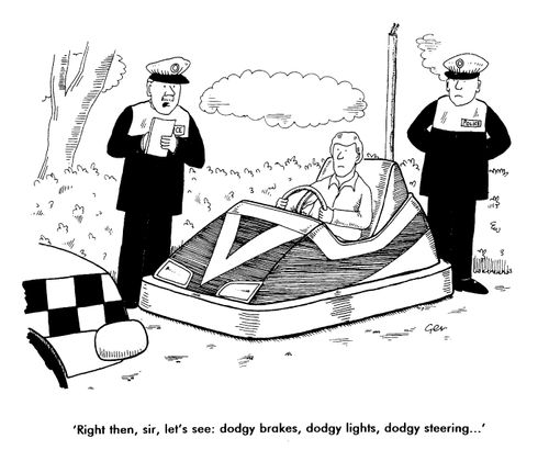 Police and men in dodgem car, "Right then sir,  let's see: dodgy brakes, dodgy lights,dodgy steering