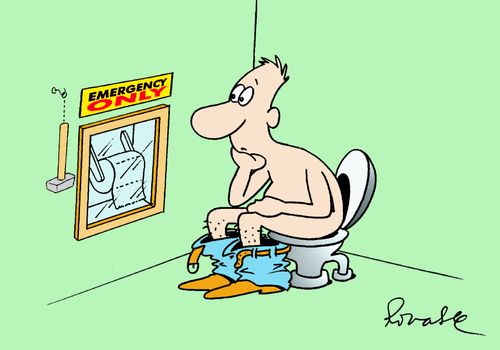 Man on toilet looks at toilet paper marked 'Emergency Only'.