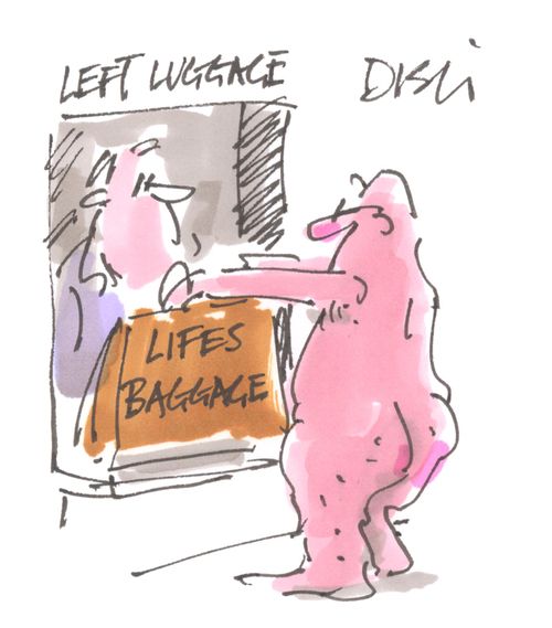 Naked man collects his lifes baggage, from the left luggage kiosk.