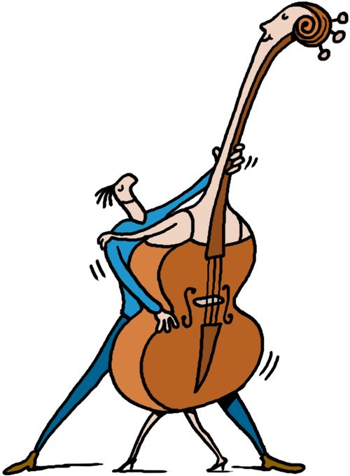 Man playing double bass which transforms into a woman.