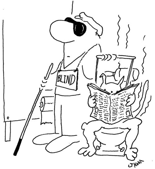 Seeing-eye dog reading on toilet.