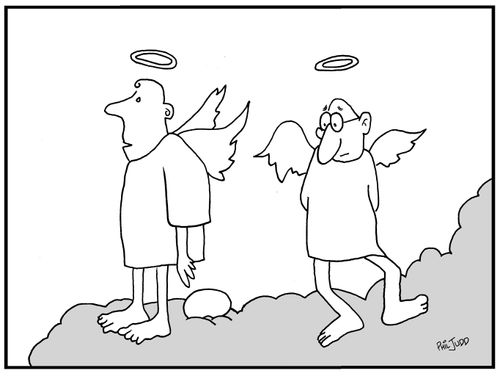 Angels on a cloud. One has an egg under him.
