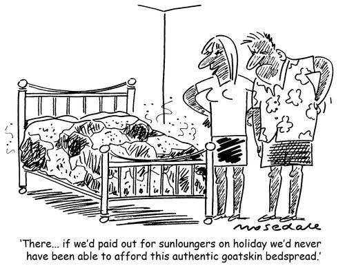 'There... if we'd paid out for sun loungers on holiday we'd never have been able to afford this authentic goatskin bedspread.'