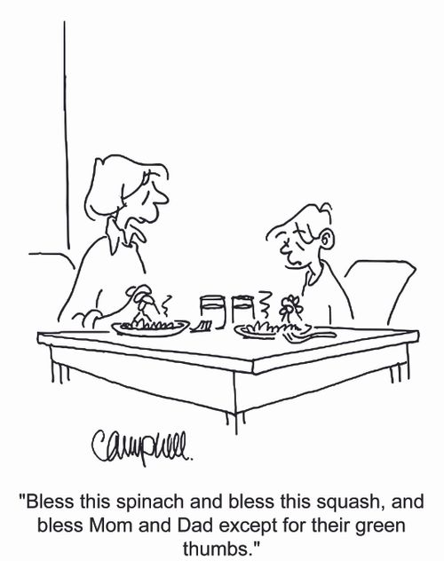 'Bless this spinach and bless this squash, and bless Mom and Dad except for their green thumbs.'