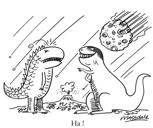 Dinosaur laughing at another being hit by small meteorite.