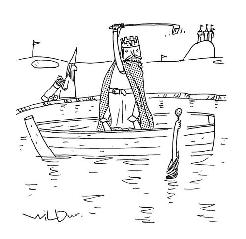 Lady of the lake holding a golf ball.
