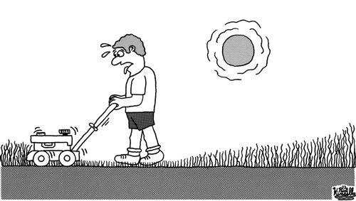 Man mowing lawn that grows quicker then he can cut it!