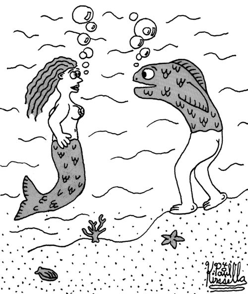 Mermaid and reverse-mermaid meeting each other.