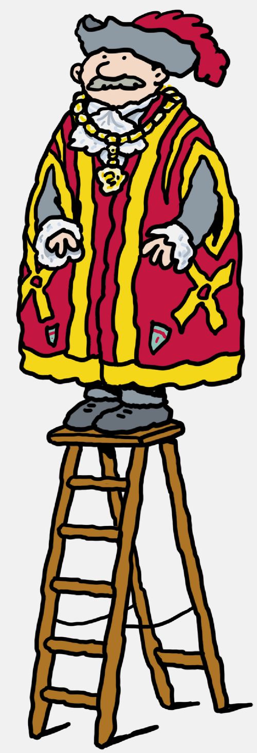 A mayor in full regalia atop a step ladder.