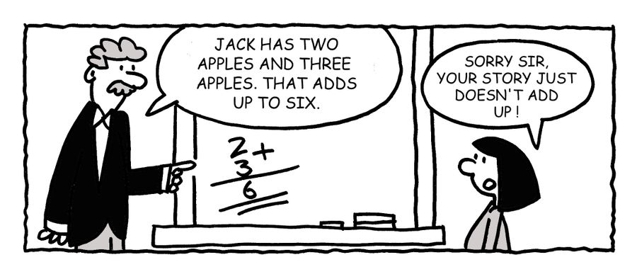 'Jack has two apples and three apples. That adds up to six.'