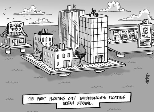 The first floating city experiences floating urban sprawl.