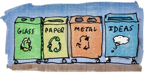 Recycling bins for glass, paper, metal and IDEAS.
