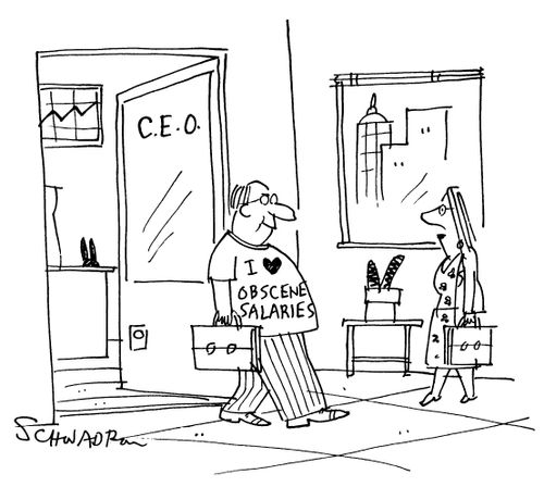 C.E.O. wearing t-shirt emblazoned with 'I love obscene salaries'.