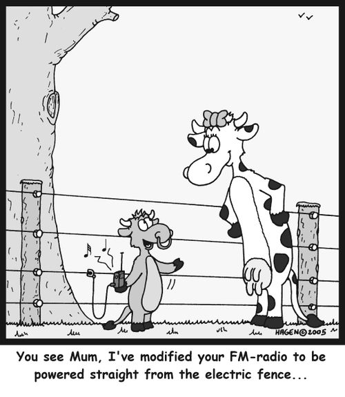 'You see Mum, I've modified your FM-radio to be powered straight from the electric fence...'