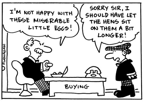 'I'm not happy with these miserable little eggs!' 'Sorry sir, I should have let the hens sit on them a bit longer!'