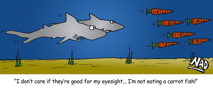 Two sharks are following some 'carrot fish' - 'I don't care if they're good for my eyesight... I'm not eating a carrot fish!'
