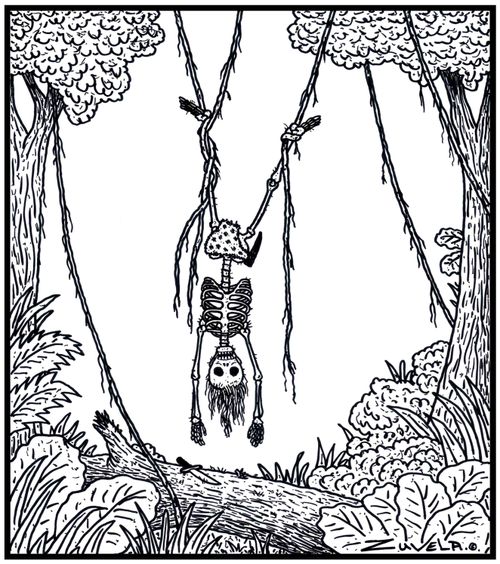 Tarzan is dead having gotten tangled up in the vines and out of reach from his dropped knife 