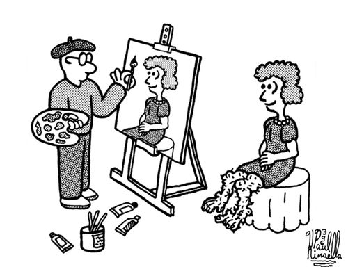 Painter avoids painting a pretty woman's ugly legs.