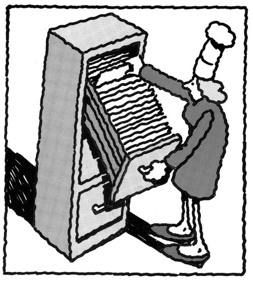 Chef at a filing cabinet.