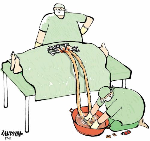 Abdominal surgeon using a tire puncture repair kit.