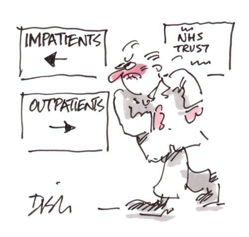 Hospital signs directing 'Impatients' and 'Outpatients.'