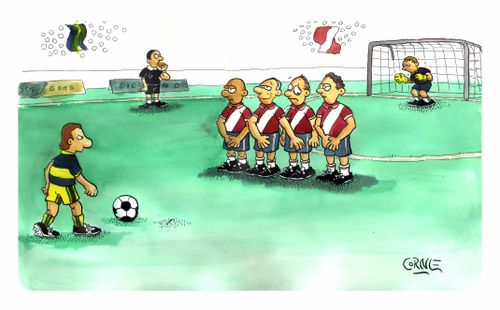 Football player in penalty line up holds other players willy