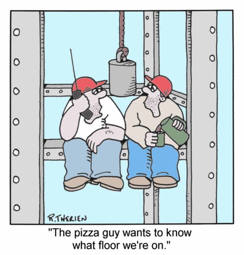 "The pizza guy wants to know what floor we're on." (Colour)