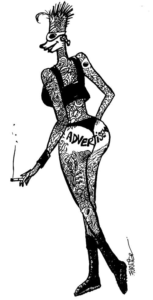 Lady completely covered in tattoos except her bottom which reads 'Advertisement'