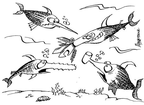 Sword,Hammer and Saw fish stare at Swiss Army Knife fish