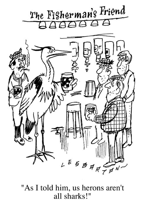 Fishermen and heron in pub