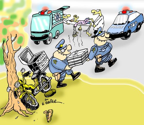 Police taking pizzas from crashed pizza delivery bike.