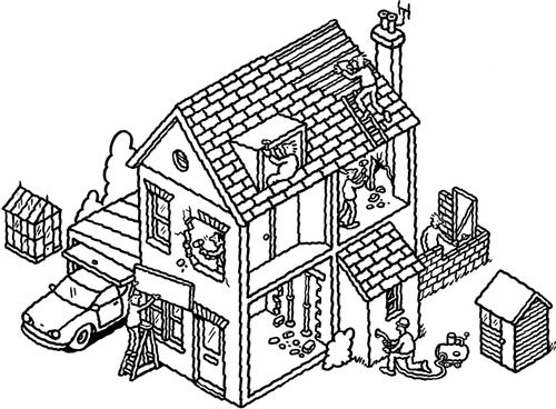 Cutaway view of house undergoing renovation