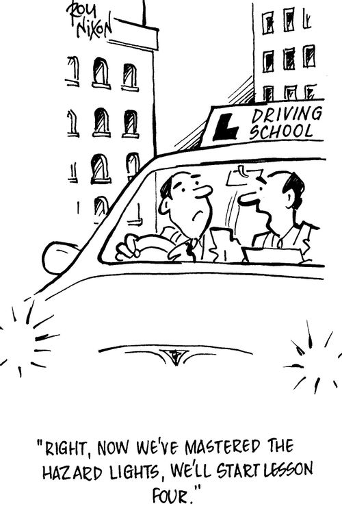 'Right, now we've mastered the hazard lights, we'll start lesson four.'