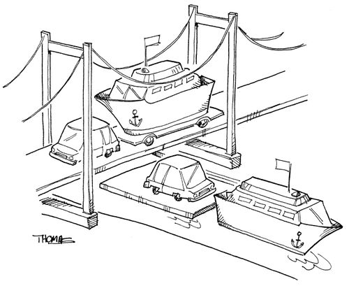 Car towing boat driving over bridge. Boat towing car riding under bridge.