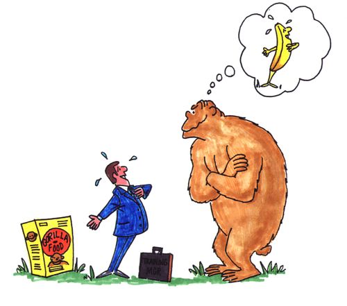 Salesman trying to sell Gorilla Food to a Gorilla - but the Gorilla fancies him to eat!