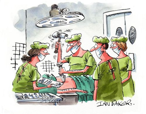 Surgeon chiselling at a patient.