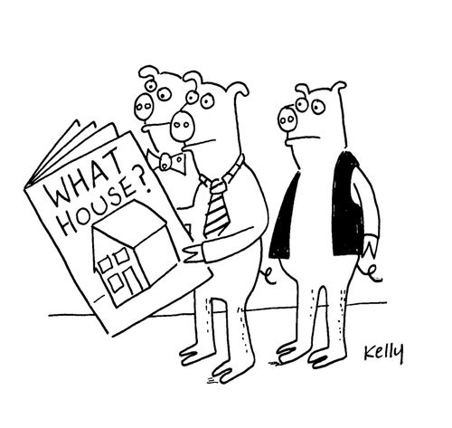 Three little pigs reading 'What House' magazine.
